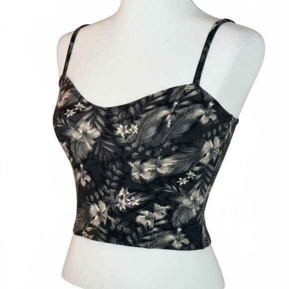 Hollister Black Floral Fitted Crop Top Size S – 90s Y2K Stretch Cotton Bustier S - Picture 1 of 2